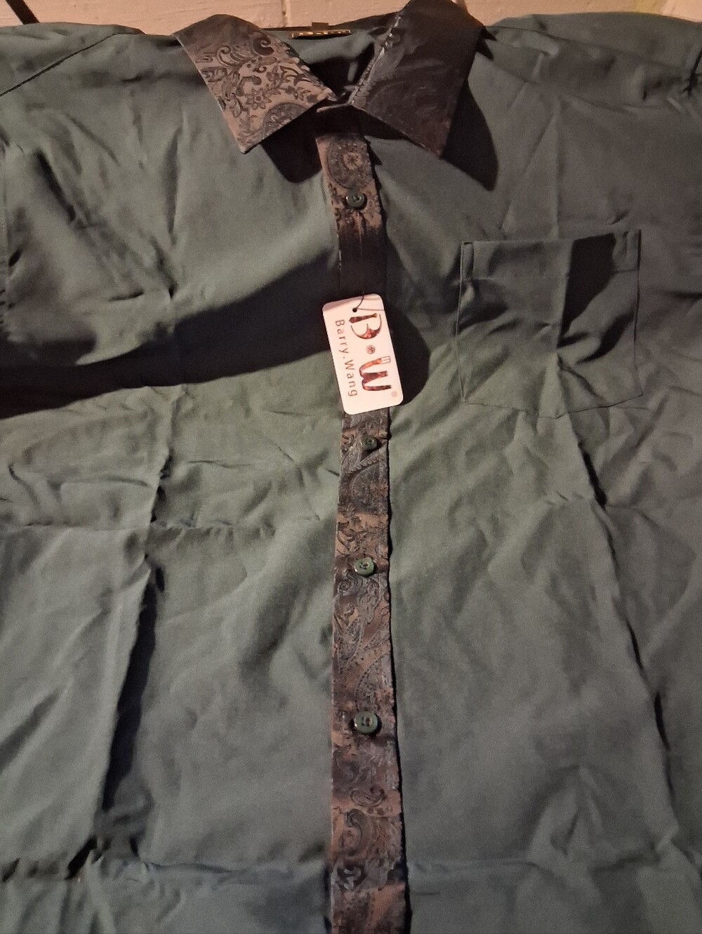 Men's BARRY WANG Green Dress Shirt with Paisley Trim